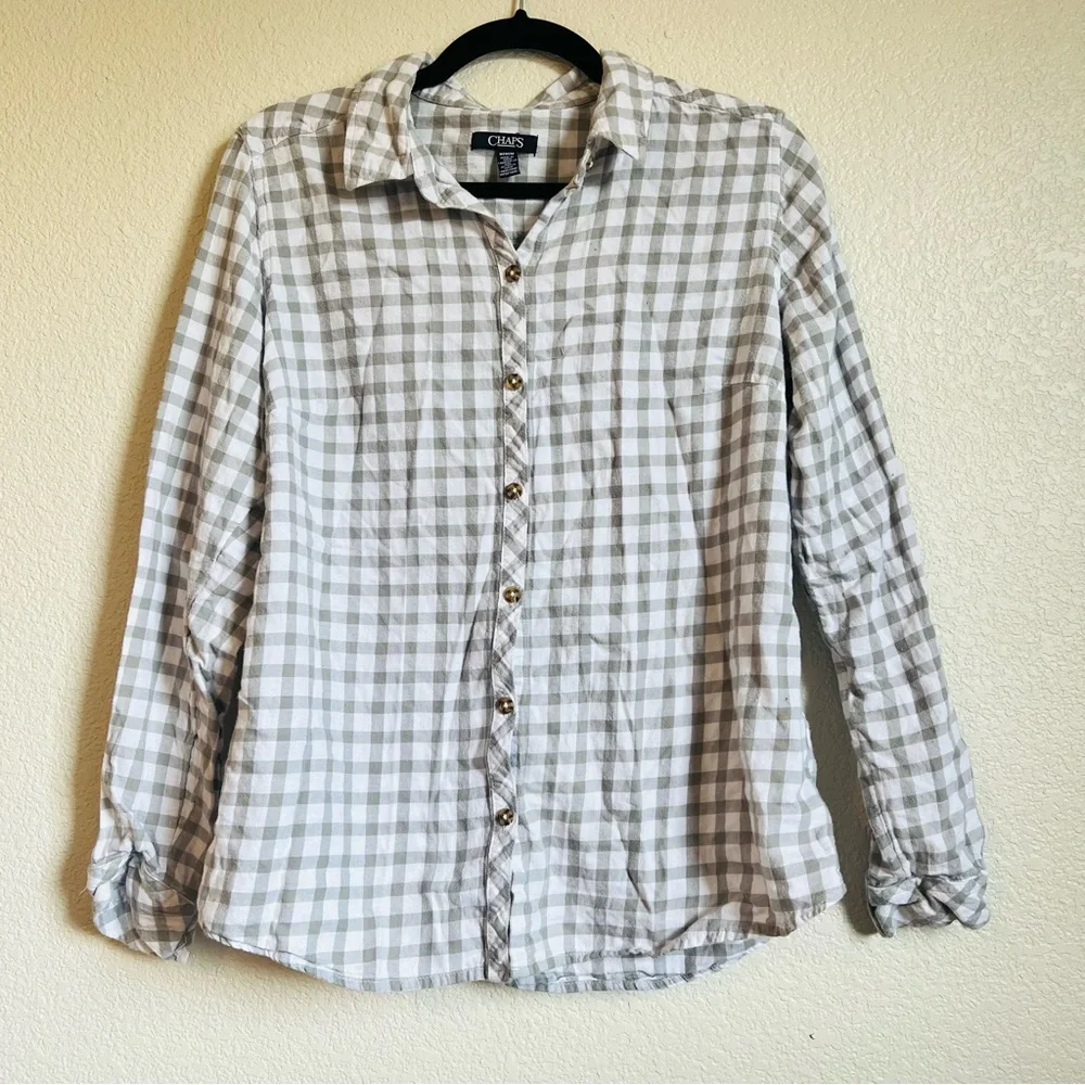 CHAPS Grey & White Flannel Plaid Button-Down Shirt – Size Medium - Picture 1 of 7